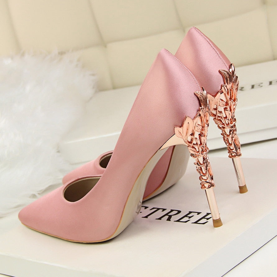Funki Findz | Shoes | Women's Silk Stilettos | Metal Carved Heels