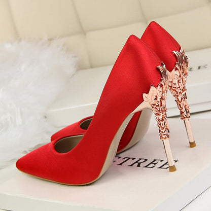 Funki Findz | Shoes | Women's Silk Stilettos | Metal Carved Heels
