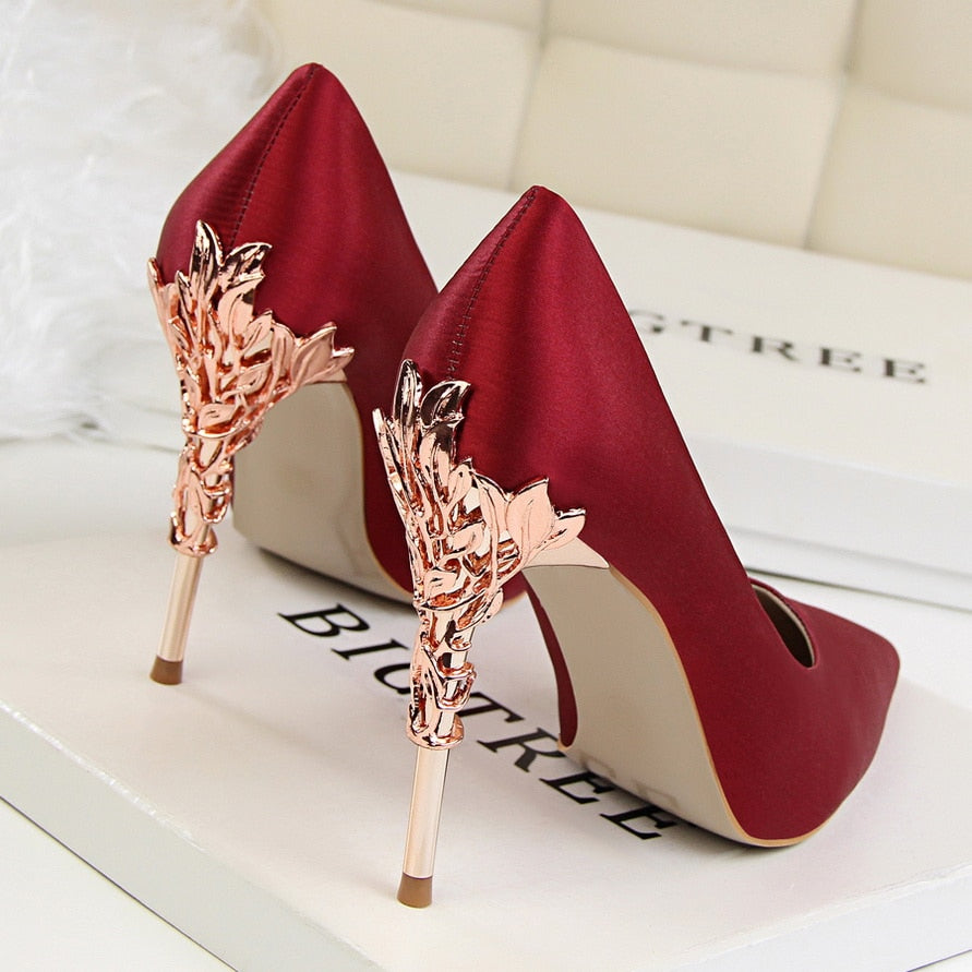 Funki Findz | Shoes | Women's Silk Stilettos | Metal Carved Heels