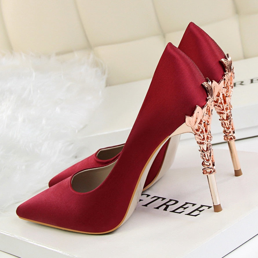 Funki Findz | Shoes | Women's Silk Stilettos | Metal Carved Heels