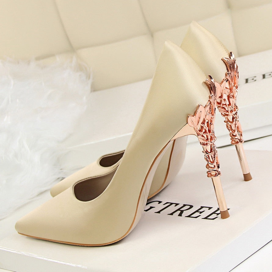 Funki Findz | Shoes | Women's Silk Stilettos | Metal Carved Heels