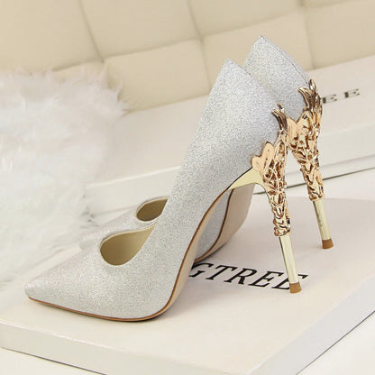 Funki Findz | Shoes | Women's Silk Stilettos | Metal Carved Heels