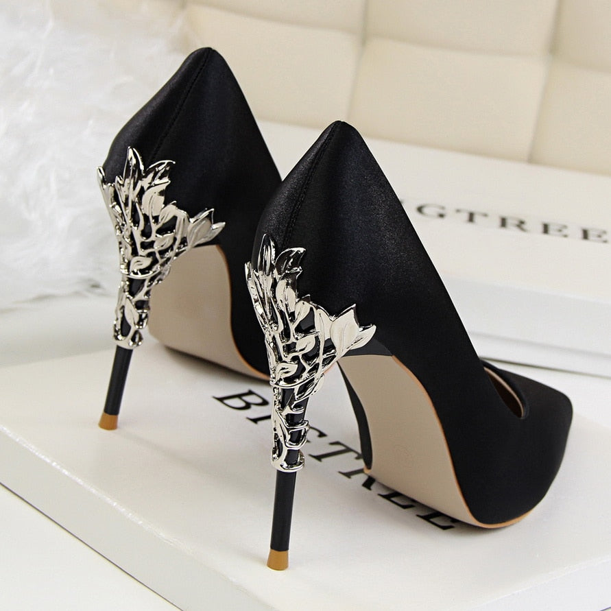 Funki Findz | Shoes | Women's Silk Stilettos | Metal Carved Heels