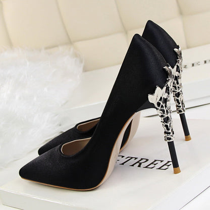 Funki Findz | Shoes | Women's Silk Stilettos | Metal Carved Heels
