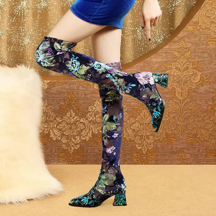Funki Findz | Boots | Women's Over Knee Flower Embroider Boot