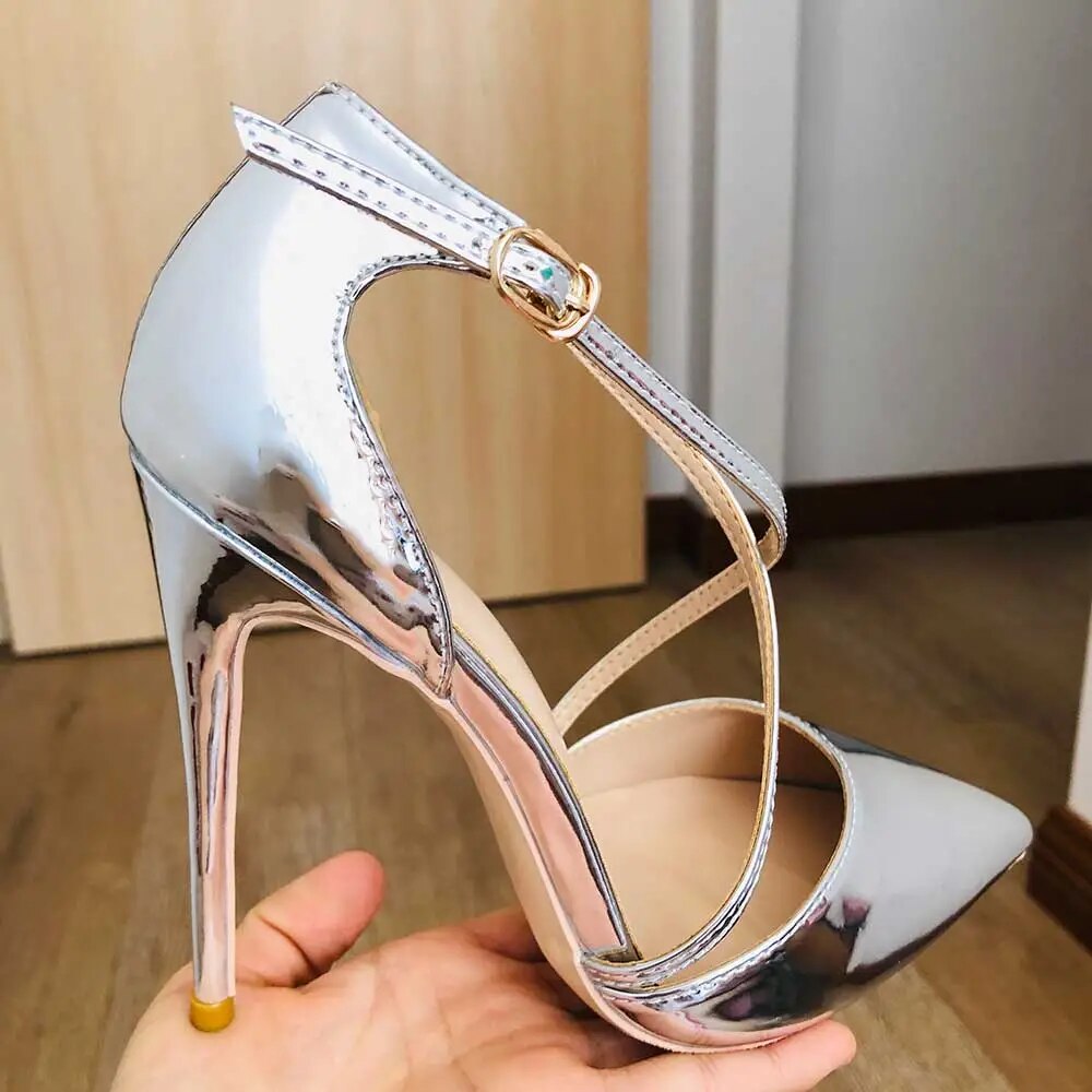 Funki Findz | Shoes | Women's Silver Cross Ankle Strap Stilettos