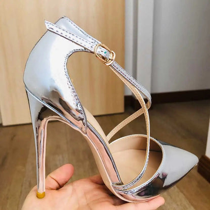 Funki Findz | Shoes | Women's Silver Cross Ankle Strap Stilettos