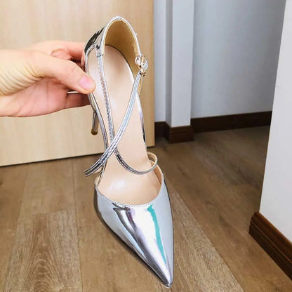 Funki Findz | Shoes | Women's Silver Cross Ankle Strap Stilettos