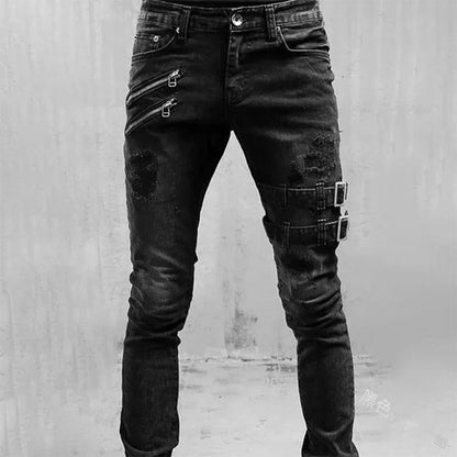 Funki Findz | Pants | Men's Skinny Buckle Strap Zipper Jeans
