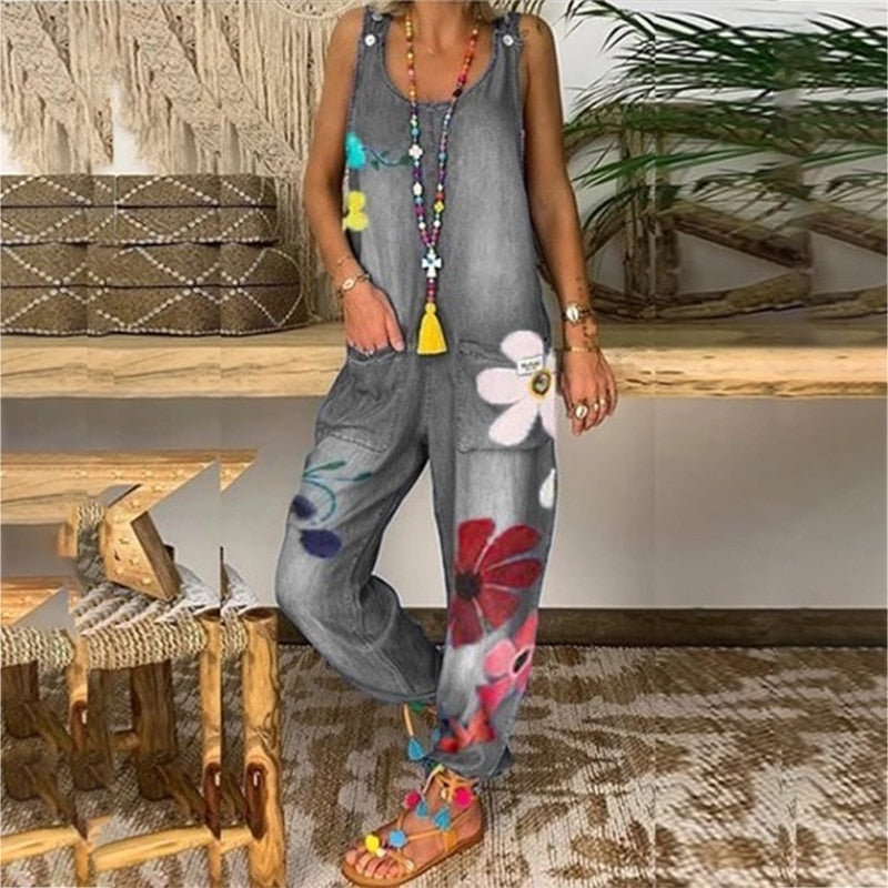 Funki Findz | Pants | Women's Boho Denim Flower Print Romper