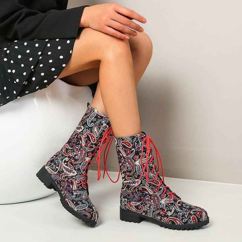 Funki Findz | Boots | Women's Flower Print Lace Up Calf Boots