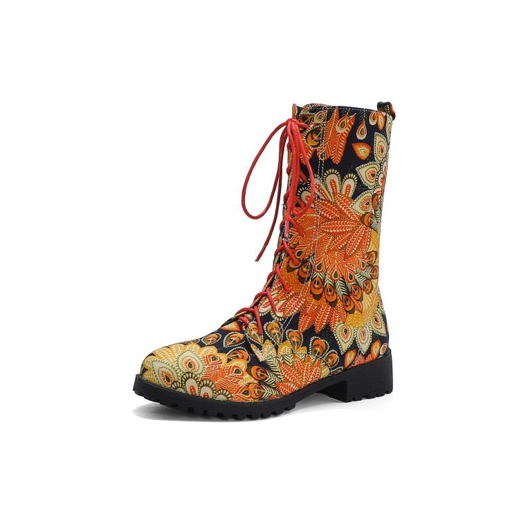 Funki Findz | Boots | Women's Flower Print Lace Up Calf Boots