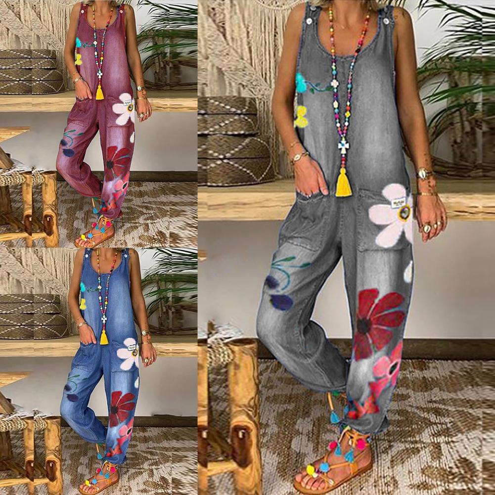 Funki Findz | Pants | Women's Boho Denim Flower Print Romper