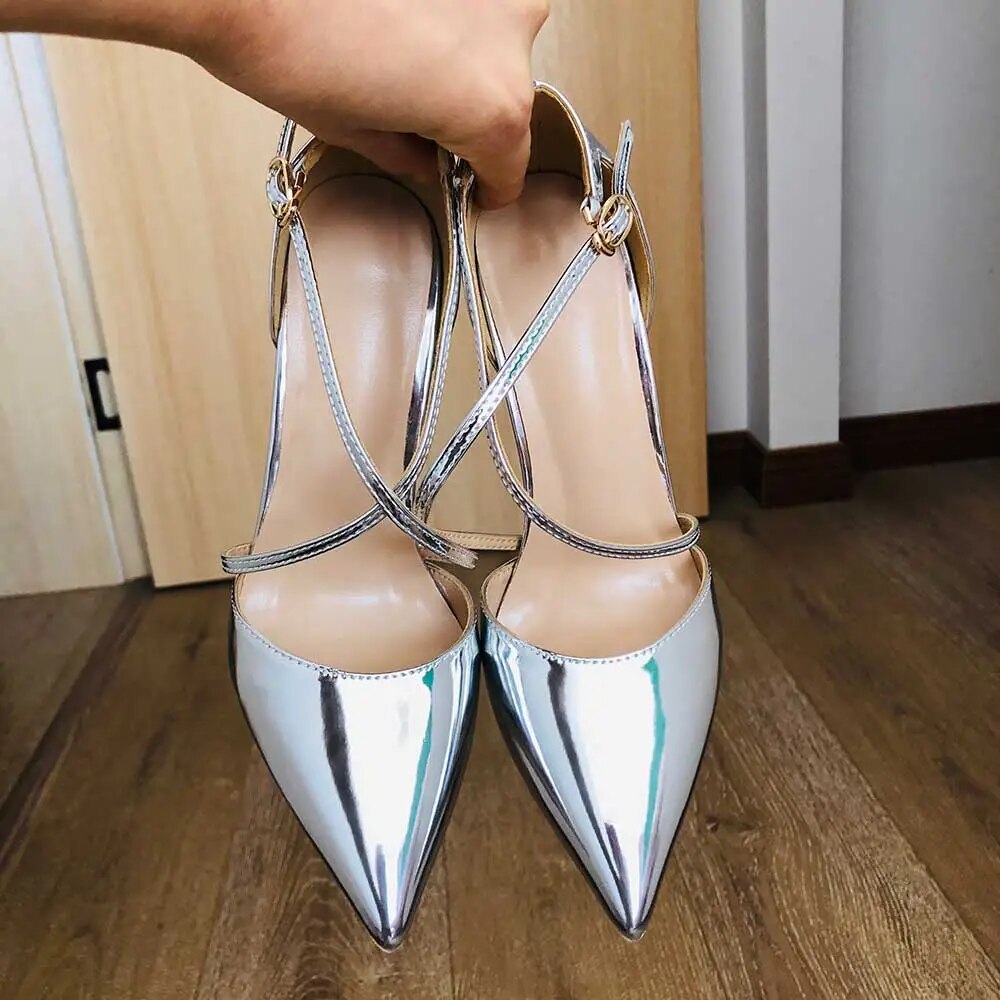 Funki Findz | Shoes | Women's Silver Cross Ankle Strap Stilettos