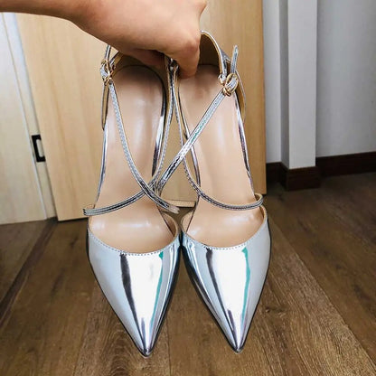 Funki Findz | Shoes | Women's Silver Cross Ankle Strap Stilettos