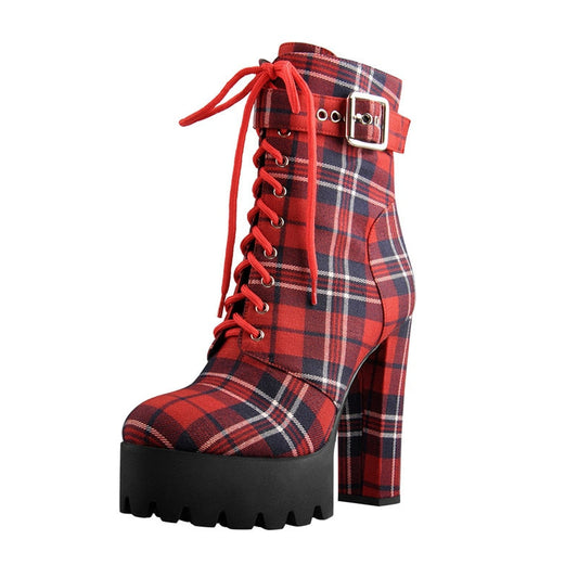 Funki Findz | Boots | Women's Plaid Buckle Strap Ankle Boots