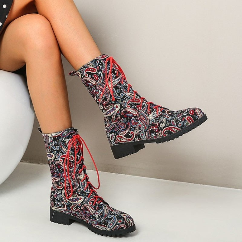 Funki Findz | Boots | Women's Flower Print Lace Up Calf Boots