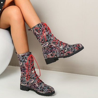 Funki Findz | Boots | Women's Flower Print Lace Up Calf Boots