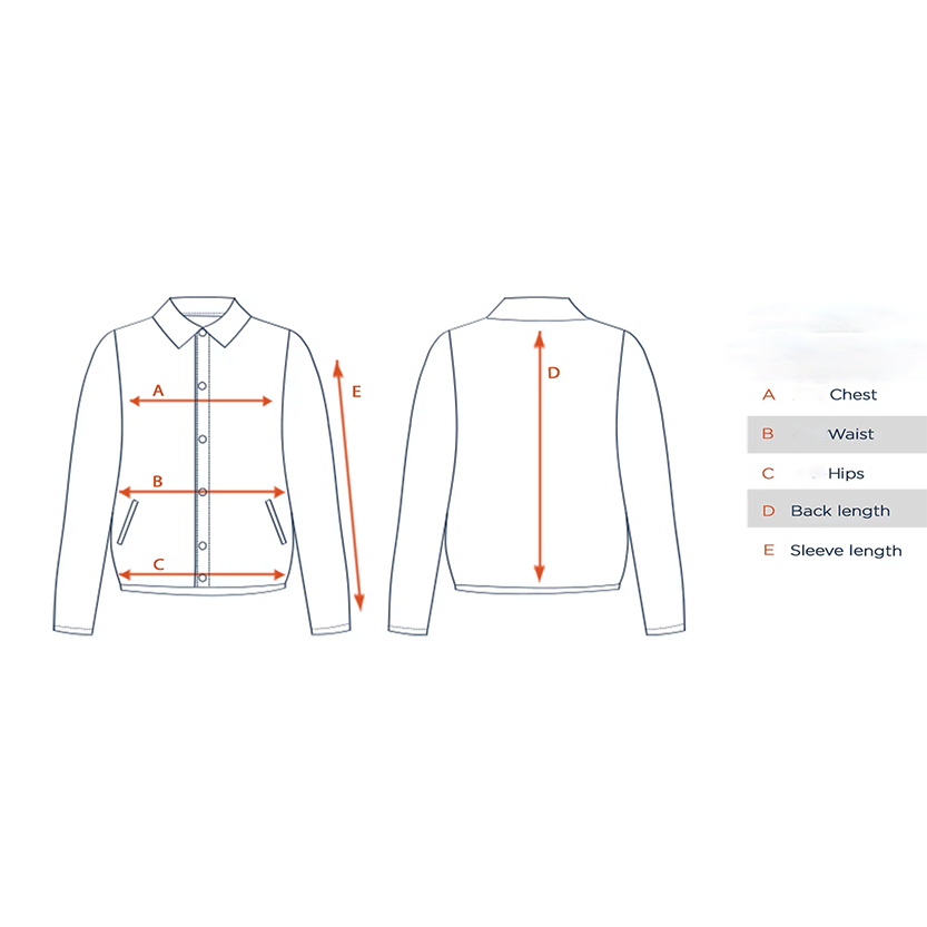 Illustration of jacket measurements includes front and back views. Arrows labeled A to E indicate chest, waist, hips, back length, and sleeve length.