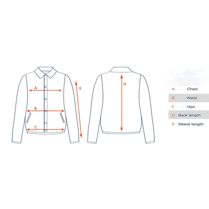 Illustration of jacket measurements includes front and back views. Arrows labeled A to E indicate chest, waist, hips, back length, and sleeve length.