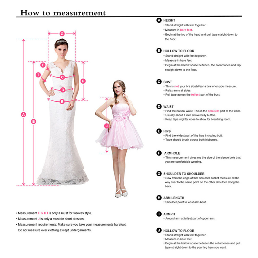 Instructional guide on body measurement for dresses. Includes images of two women, one in a long gown, the other in a short dress. Steps detail measuring height, bust, waist, hips, and more. Key points highlighted with letters, offering precise measurement techniques.
