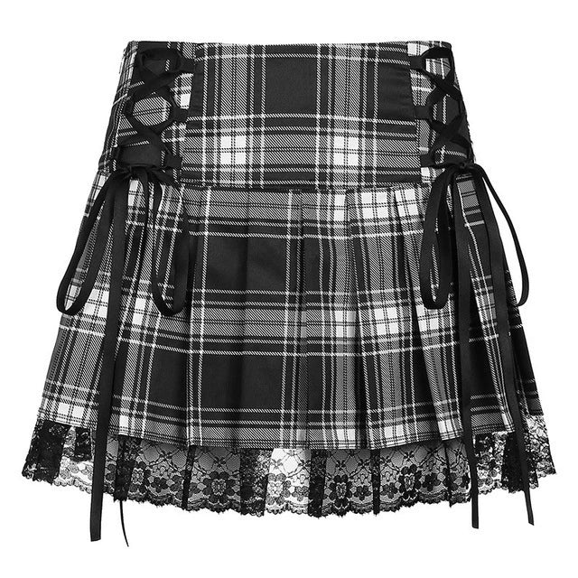 Funki Findz | Skirts | Women's Gothic Plaid Lace A-Line Mini Skirt