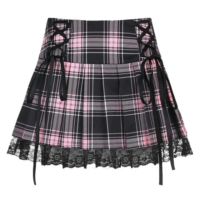 Funki Findz | Skirts | Women's Gothic Plaid Lace A-Line Mini Skirt