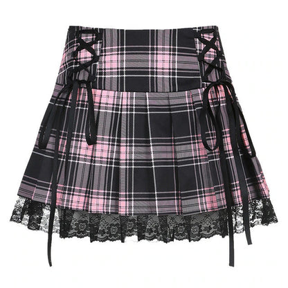Funki Findz | Skirts | Women's Gothic Plaid Lace A-Line Mini Skirt