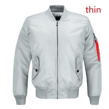 Light gray bomber jacket with a front zipper, buttoned side pockets, and a red detail on the sleeve. The word "thin" is written in the top right corner.