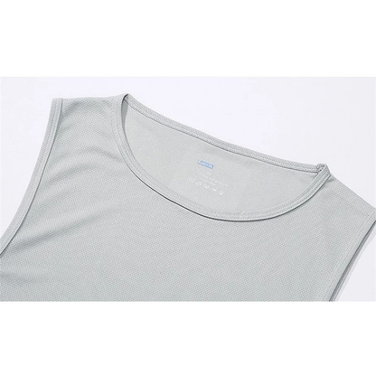 Light gray tank top with a soft texture, featuring a round neckline and tag visible on the back neck area, laid flat on a white background.
