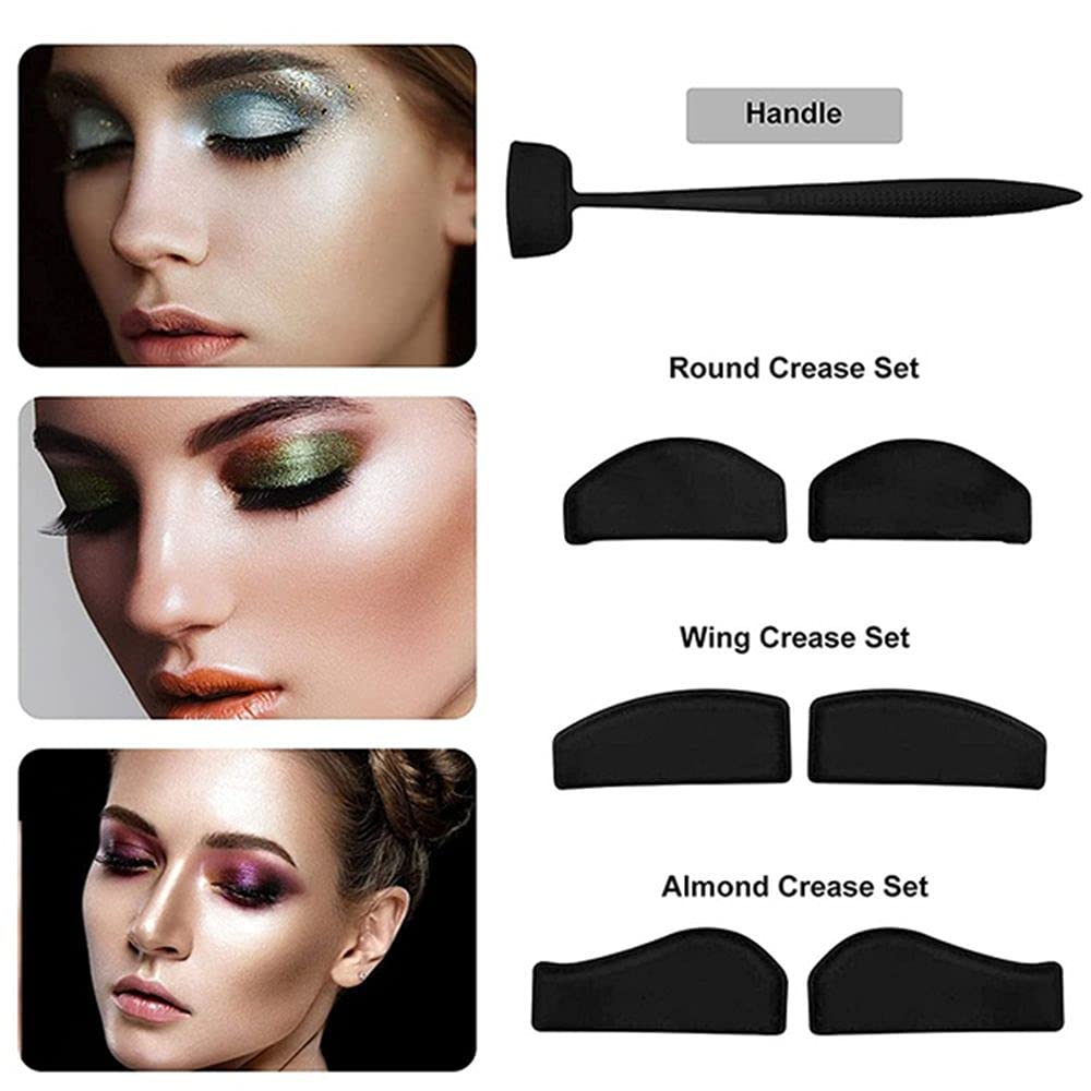 Makeup tool set with handle and three crease shapes: round, wing, almond. Photos show models with glittery blue, green, and purple eyeshadow.