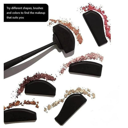 Makeup tools with black handles alongside swatches of brown, pink, and gold eyeshadow. Text reads, "Try different shapes, brushes, and colors."