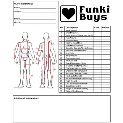 Body measurement guide with front and back outlines of a human figure. Red lines indicate measurement points corresponding to a table listing 25 descriptions, including neck, chest, waist, hips, and limb measurements in centimeters and inches.