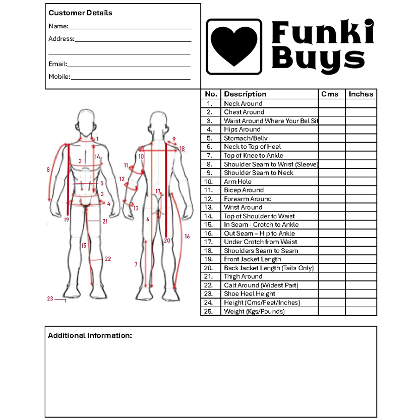 Body measurement guide with front and back outlines of a human figure. Red lines indicate measurement points corresponding to a table listing 25 descriptions, including neck, chest, waist, hips, and limb measurements in centimeters and inches.