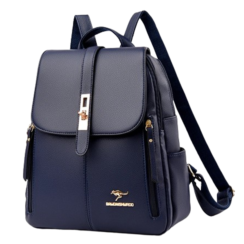 Navy blue leather backpack with a front flap, gold accents, and adjustable straps, featuring a kangaroo logo.
