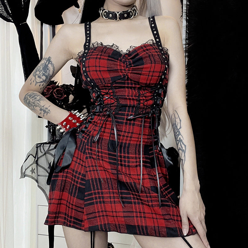 Funki Findz | Dresses | Women's Alt Goth Red Plaid Lolita Dress