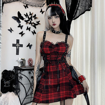 Funki Findz | Dresses | Women's Alt Goth Red Plaid Lolita Dress