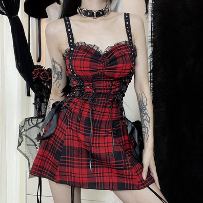 Funki Findz | Dresses | Women's Alt Goth Red Plaid Lolita Dress