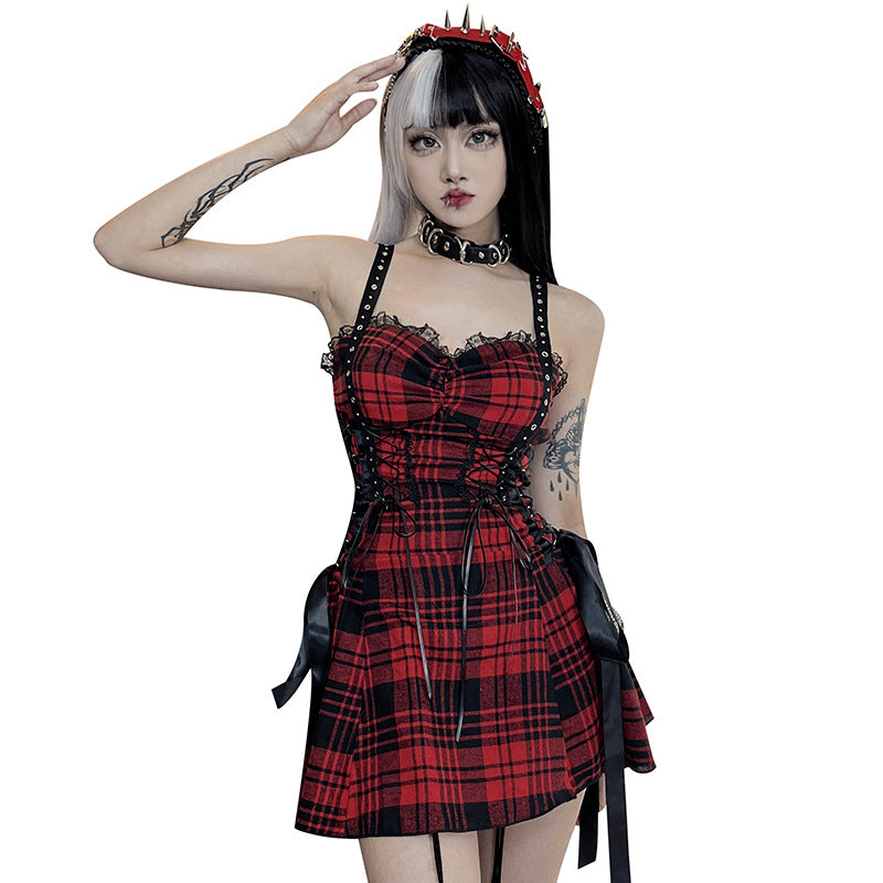 Funki Findz | Dresses | Women's Alt Goth Red Plaid Lolita Dress