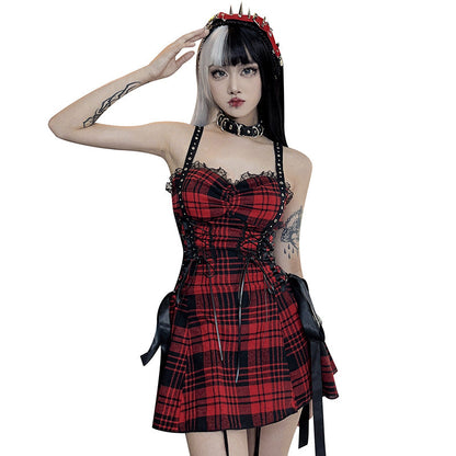 Funki Findz | Dresses | Women's Alt Goth Red Plaid Lolita Dress
