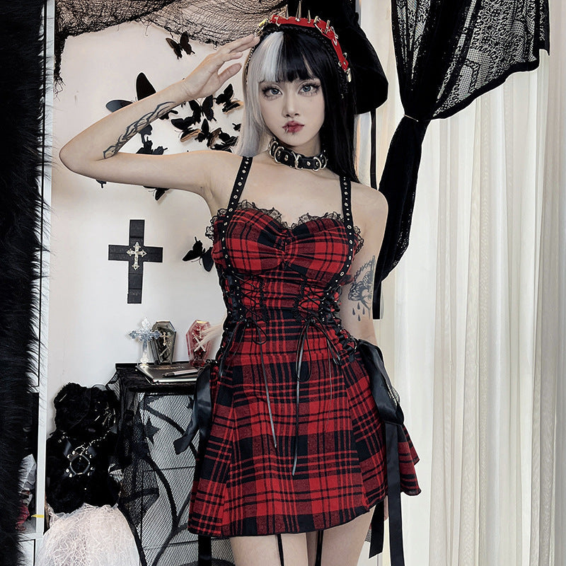 Funki Findz | Dresses | Women's Alt Goth Red Plaid Lolita Dress