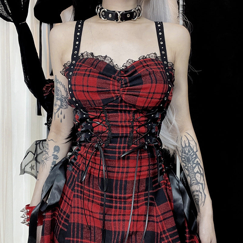 Funki Findz | Dresses | Women's Alt Goth Red Plaid Lolita Dress