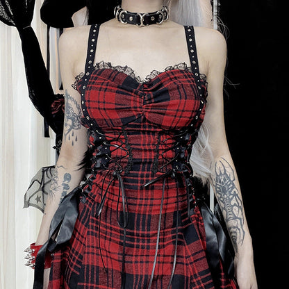 Funki Findz | Dresses | Women's Alt Goth Red Plaid Lolita Dress