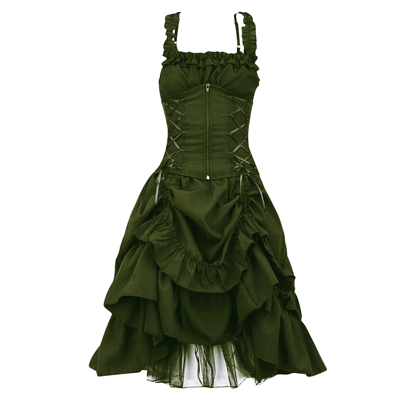 Olive green gothic-style dress with a ruffled bodice and corset lacing. The skirt is layered with a high-low hem, creating a dramatic, elegant look.