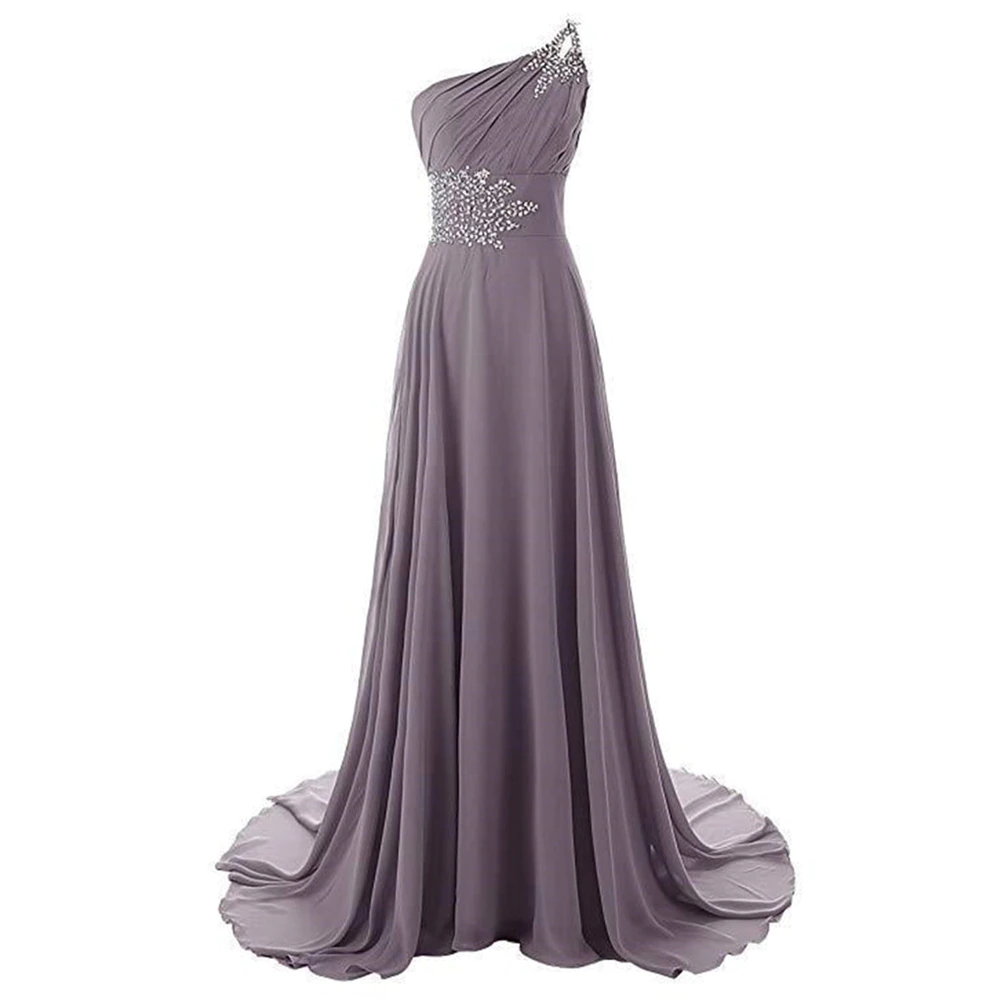 One-shoulder lavender gown with a flowing skirt. Features silver embellishments on the bust and waist, creating an elegant and sophisticated look.