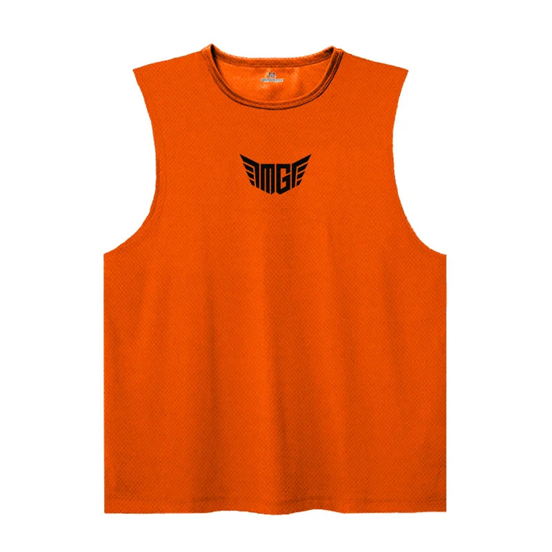 Orange sleeveless athletic shirt featuring a black "MG" logo with wings in the center.