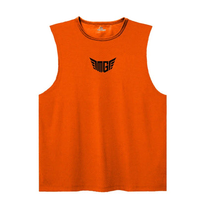 Orange sleeveless athletic shirt featuring a black "MG" logo with wings in the center.