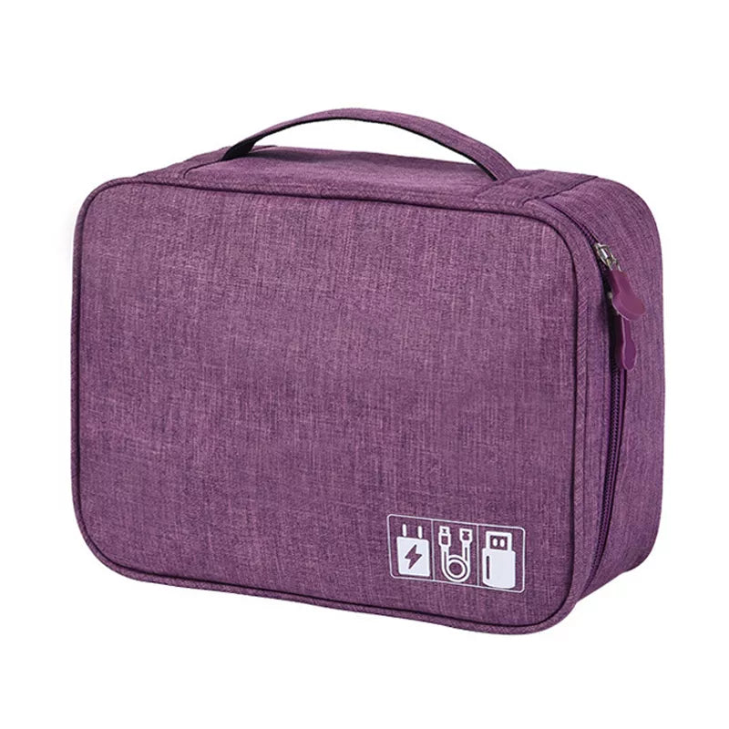 Purple electronic accessories bag with a handle and zipper, featuring icons for charging cables and USB storage.