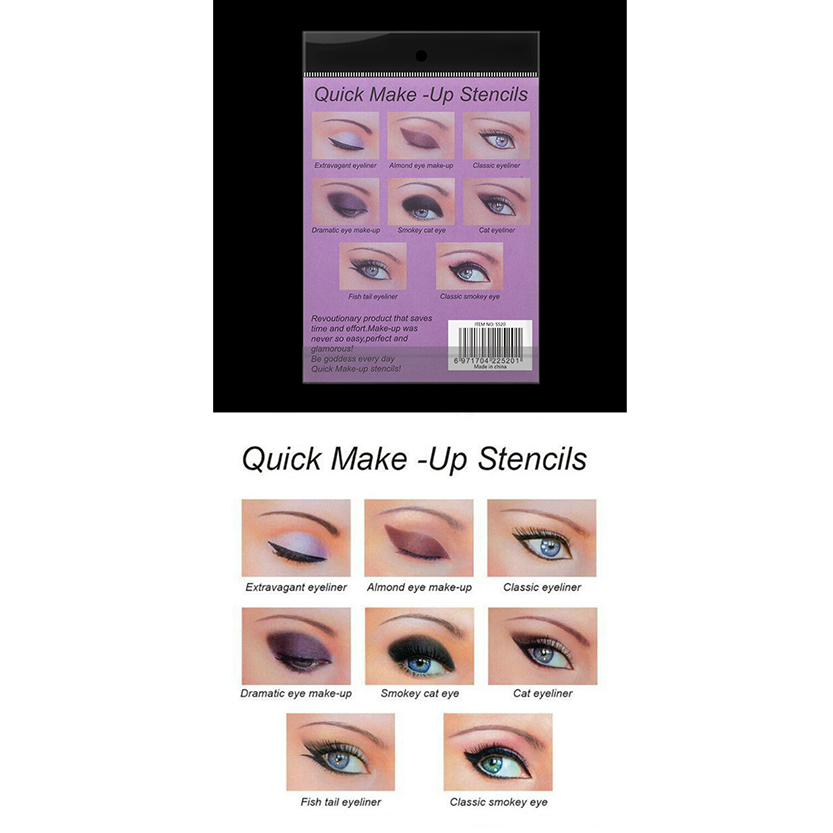 Package of 'Quick Make-Up Stencils' featuring eight eye makeup designs including extravagant, almond, classic, dramatic, smokey, cat, fish tail, and classic smokey eye, on a purple background."
