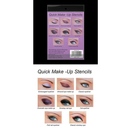 Package of 'Quick Make-Up Stencils' featuring eight eye makeup designs including extravagant, almond, classic, dramatic, smokey, cat, fish tail, and classic smokey eye, on a purple background."